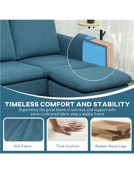 HOMCOM 3 Seater Sofa with Ottoman, 196cm Corduroy L-shaped Sofa Couch with Scatter Back, Reversible Chaise Lounge for Living Roo