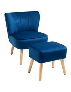 HOMCOM Velvet Accent Chair Occasional Tub Seat Padding Curved Back w/ Ottoman Wood Frame Legs Home Furniture, Dark Blue
