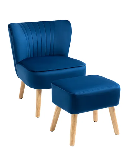 HOMCOM Velvet Accent Chair Occasional Tub Seat Padding Curved Back w/ Ottoman Wood Frame Legs Home Furniture, Dark Blue