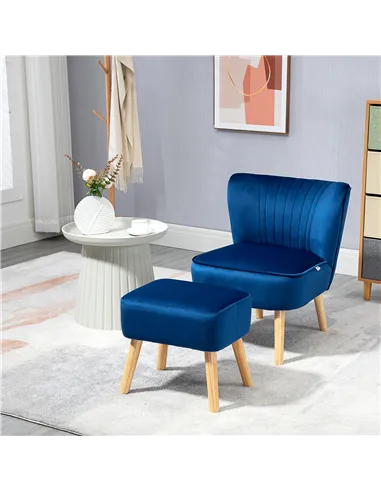 HOMCOM Velvet Accent Chair Occasional Tub Seat Padding Curved Back w/ Ottoman Wood Frame Legs Home Furniture, Dark Blue