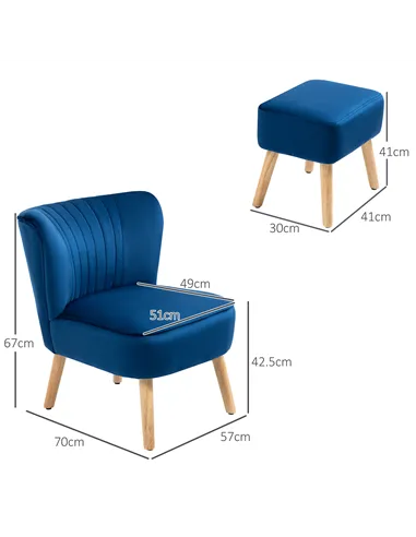 HOMCOM Velvet Accent Chair Occasional Tub Seat Padding Curved Back w/ Ottoman Wood Frame Legs Home Furniture, Dark Blue