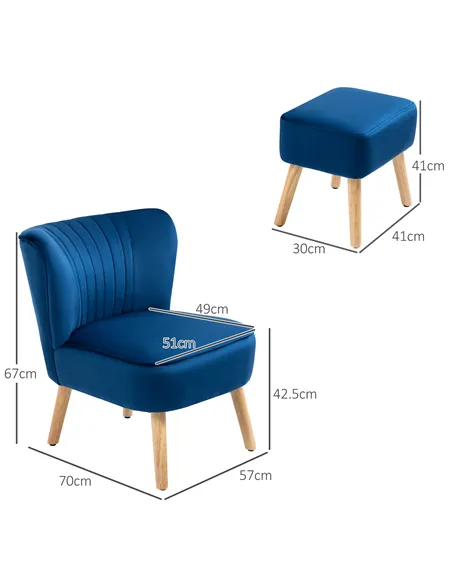 HOMCOM Velvet Accent Chair Occasional Tub Seat Padding Curved Back w/ Ottoman Wood Frame Legs Home Furniture, Dark Blue