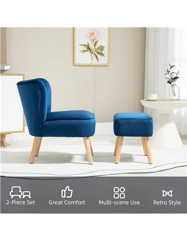HOMCOM Velvet Accent Chair Occasional Tub Seat Padding Curved Back w/ Ottoman Wood Frame Legs Home Furniture, Dark Blue
