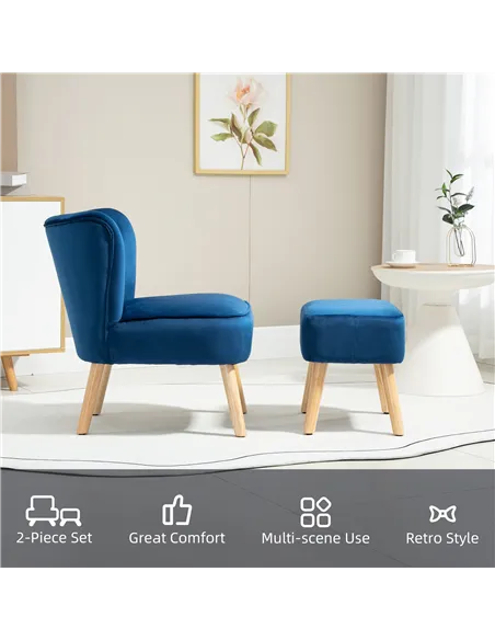 HOMCOM Velvet Accent Chair Occasional Tub Seat Padding Curved Back w/ Ottoman Wood Frame Legs Home Furniture, Dark Blue