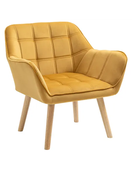 HOMCOM Modern Armchair, Accent Chair with Wide Arms, Slanted Back and Rubber Wood Legs for Living Room, Bedroom, Home Office Yel