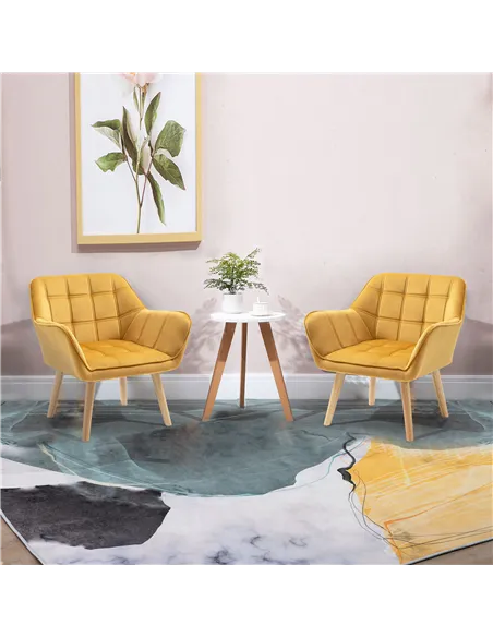 HOMCOM Modern Armchair, Accent Chair with Wide Arms, Slanted Back and Rubber Wood Legs for Living Room, Bedroom, Home Office Yel