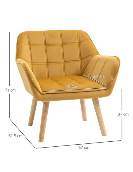 HOMCOM Modern Armchair, Accent Chair with Wide Arms, Slanted Back and Rubber Wood Legs for Living Room, Bedroom, Home Office Yel