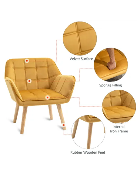 HOMCOM Modern Armchair, Accent Chair with Wide Arms, Slanted Back and Rubber Wood Legs for Living Room, Bedroom, Home Office Yel