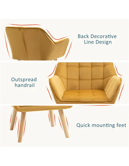 HOMCOM Modern Armchair, Accent Chair with Wide Arms, Slanted Back and Rubber Wood Legs for Living Room, Bedroom, Home Office Yel
