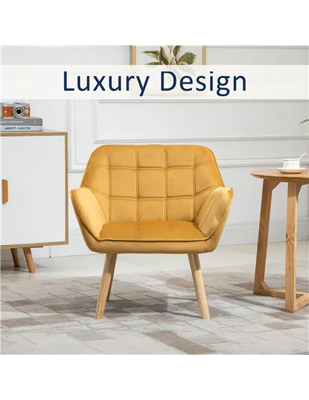 HOMCOM Modern Armchair, Accent Chair with Wide Arms, Slanted Back and Rubber Wood Legs for Living Room, Bedroom, Home Office Yel