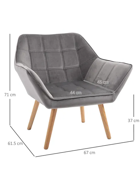 HOMCOM Armchair Accent Chair, Vanity Chair with Wide Arms, Slanted Back, Padding, Metal Frame, Wooden Legs, Home Bedroom Furnitu