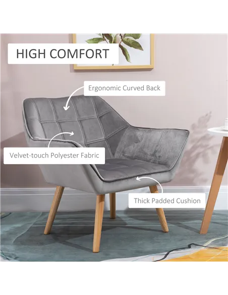 HOMCOM Armchair Accent Chair, Vanity Chair with Wide Arms, Slanted Back, Padding, Metal Frame, Wooden Legs, Home Bedroom Furnitu