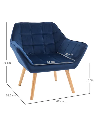 HOMCOM Armchair Accent Chair Wide Arms Slanted Back Padding Steel Frame Wooden Legs Home Bedroom Furniture Seating Blue
