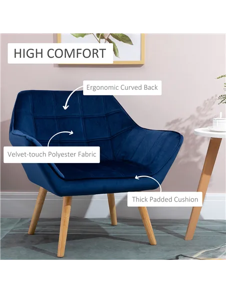 HOMCOM Armchair Accent Chair Wide Arms Slanted Back Padding Steel Frame Wooden Legs Home Bedroom Furniture Seating Blue