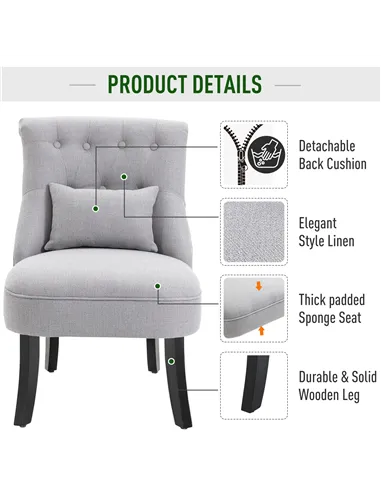 HOMCOM Fabric Single Sofa Dining Chair Tub Chair Upholstered W/ Pillow Solid Wood Leg Home Living Room Furniture Grey