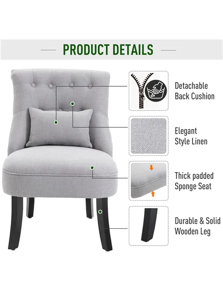 HOMCOM Fabric Single Sofa Dining Chair Tub Chair Upholstered W/ Pillow Solid Wood Leg Home Living Room Furniture Grey