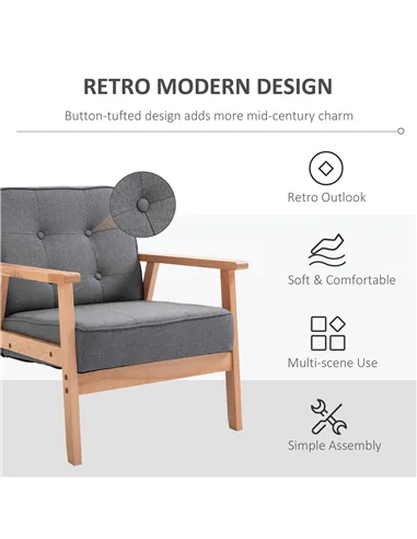 HOMCOM Minimalistic Wooden Frame Accent Chair, with Padded Seat - Dark Grey