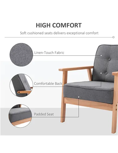 HOMCOM Minimalistic Wooden Frame Accent Chair, with Padded Seat - Dark Grey
