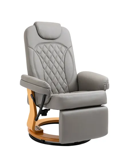 HOMCOM PU Recliner Chair with Footrest, Headrest, Round Wooden Base, Lounge Reading Armchair for Living Room, Bedroom and Office