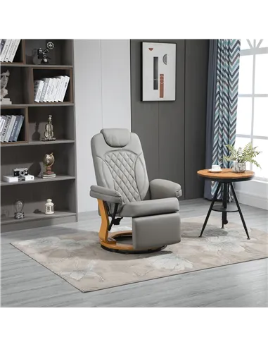 HOMCOM PU Recliner Chair with Footrest, Headrest, Round Wooden Base, Lounge Reading Armchair for Living Room, Bedroom and Office