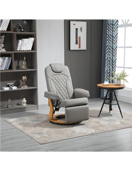 HOMCOM PU Recliner Chair with Footrest, Headrest, Round Wooden Base, Lounge Reading Armchair for Living Room, Bedroom and Office