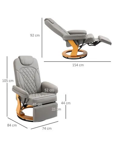 HOMCOM PU Recliner Chair with Footrest, Headrest, Round Wooden Base, Lounge Reading Armchair for Living Room, Bedroom and Office