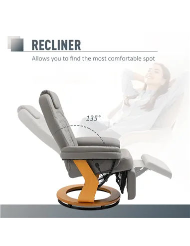 HOMCOM PU Recliner Chair with Footrest, Headrest, Round Wooden Base, Lounge Reading Armchair for Living Room, Bedroom and Office