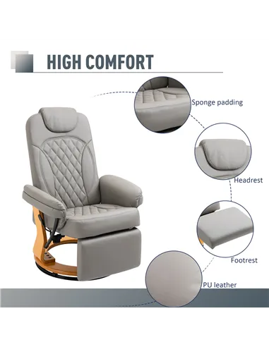 HOMCOM PU Recliner Chair with Footrest, Headrest, Round Wooden Base, Lounge Reading Armchair for Living Room, Bedroom and Office