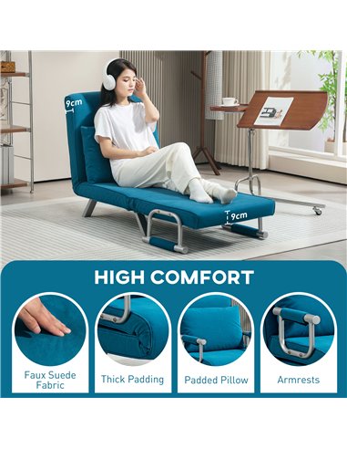 HOMCOM 4-in-1 Faux Suede Chair Bed - Blue