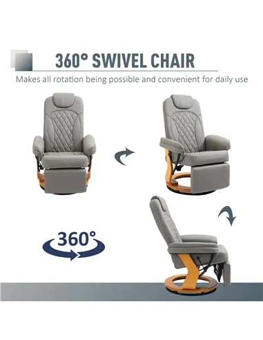 HOMCOM PU Recliner Chair with Footrest, Headrest, Round Wooden Base, Lounge Reading Armchair for Living Room, Bedroom and Office