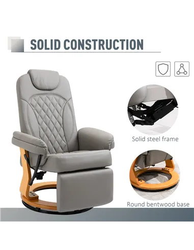 HOMCOM PU Recliner Chair with Footrest, Headrest, Round Wooden Base, Lounge Reading Armchair for Living Room, Bedroom and Office