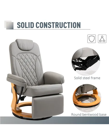 HOMCOM PU Recliner Chair with Footrest, Headrest, Round Wooden Base, Lounge Reading Armchair for Living Room, Bedroom and Office