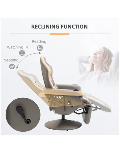 HOMCOM Manual Recliner Armchair PU Leather Lounge Chair w/ Adjustable Leg Rest, 135° Reclining Function, 360° Swivel, Grey