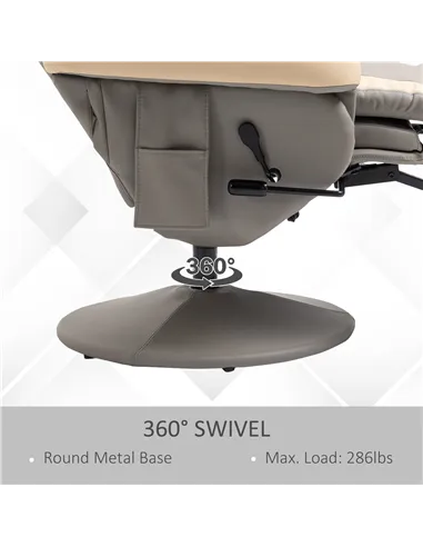 HOMCOM Manual Recliner Armchair PU Leather Lounge Chair w/ Adjustable Leg Rest, 135° Reclining Function, 360° Swivel, Grey