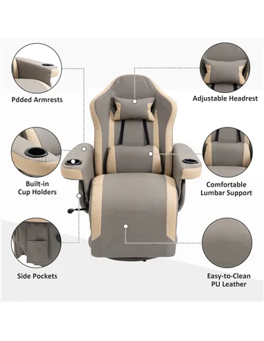 HOMCOM Manual Recliner Armchair PU Leather Lounge Chair w/ Adjustable Leg Rest, 135° Reclining Function, 360° Swivel, Grey