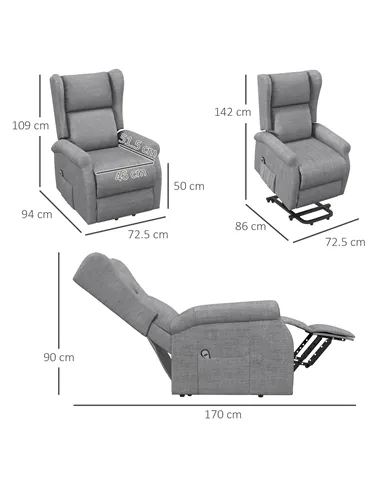 HOMCOM Power Lift Recliner Armchair, Electric Lift Chair for Elderly, Fabric Riser and Reclining Chair with Remote Control, Side