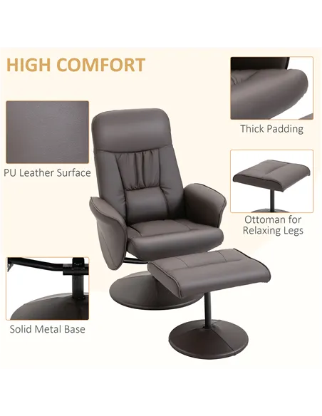 HOMCOM Executive Recliner Chair High Back and Footstool Armchair Lounge Seat Brown