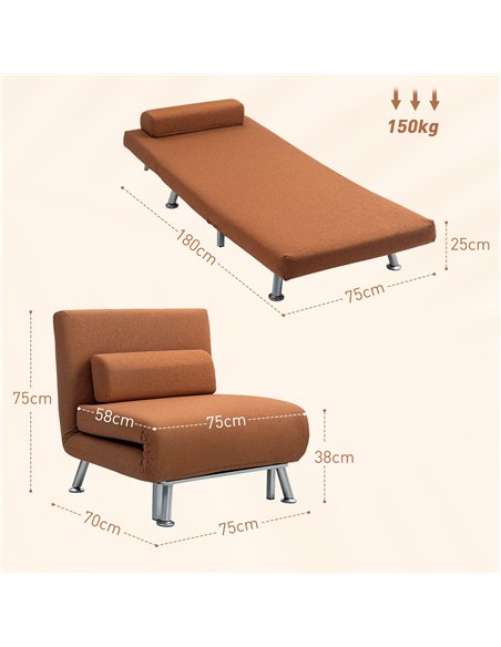 HOMCOM Single Linen-Feel Sleeper Chair - Coffee