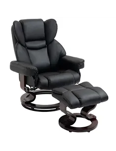 HOMCOM 360° Swivel Recliner Chair with Footstool, PU Leather Manual Recliner Armchair with Solid Wood Base, Upholstered Reclinin