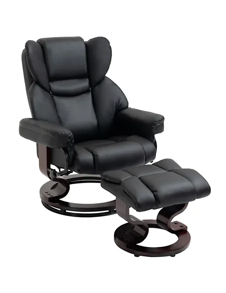 HOMCOM 360° Swivel Recliner Chair with Footstool, PU Leather Manual Recliner Armchair with Solid Wood Base, Upholstered Reclinin