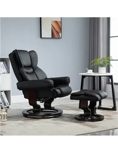 HOMCOM 360° Swivel Recliner Chair with Footstool, PU Leather Manual Recliner Armchair with Solid Wood Base, Upholstered Reclinin