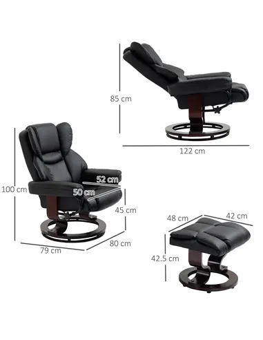 HOMCOM 360° Swivel Recliner Chair with Footstool, PU Leather Manual Recliner Armchair with Solid Wood Base, Upholstered Reclinin