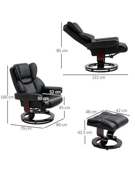 HOMCOM 360° Swivel Recliner Chair with Footstool, PU Leather Manual Recliner Armchair with Solid Wood Base, Upholstered Reclinin