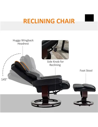 HOMCOM 360° Swivel Recliner Chair with Footstool, PU Leather Manual Recliner Armchair with Solid Wood Base, Upholstered Reclinin