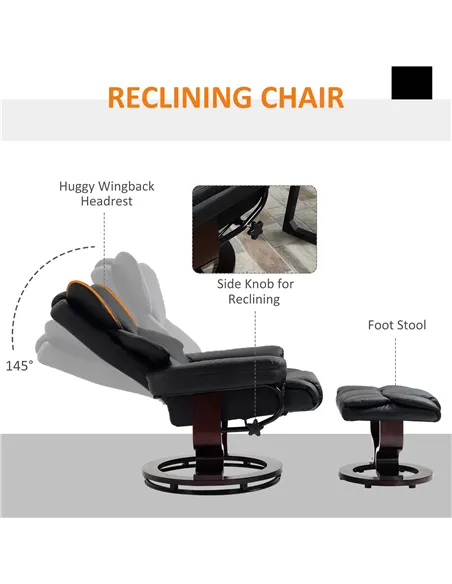 HOMCOM 360° Swivel Recliner Chair with Footstool, PU Leather Manual Recliner Armchair with Solid Wood Base, Upholstered Reclinin