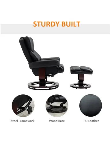 HOMCOM 360° Swivel Recliner Chair with Footstool, PU Leather Manual Recliner Armchair with Solid Wood Base, Upholstered Reclinin