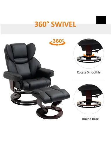HOMCOM 360° Swivel Recliner Chair with Footstool, PU Leather Manual Recliner Armchair with Solid Wood Base, Upholstered Reclinin