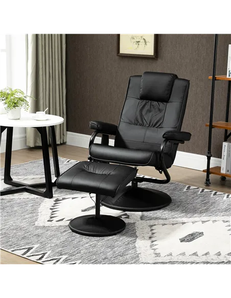 HOMCOM Swivel Recliner Chair and Footstool, Faux Leather Massage Recliner Armchair with Remote Control and Round Wrapped Base, B