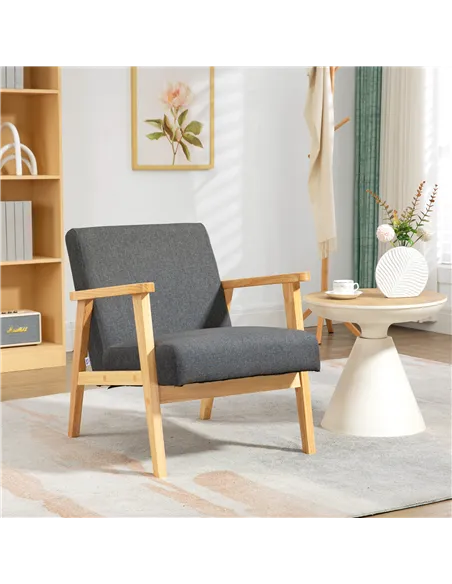 HOMCOM Fabric Accent Chair for Living Room, Arm Chair with Rubber Wood Frame and Padded Cushion, Dark Grey