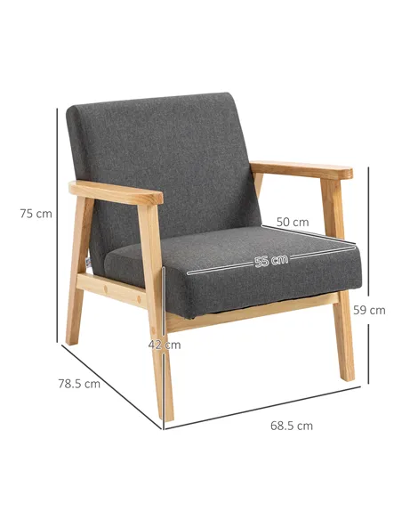 HOMCOM Fabric Accent Chair for Living Room, Arm Chair with Rubber Wood Frame and Padded Cushion, Dark Grey